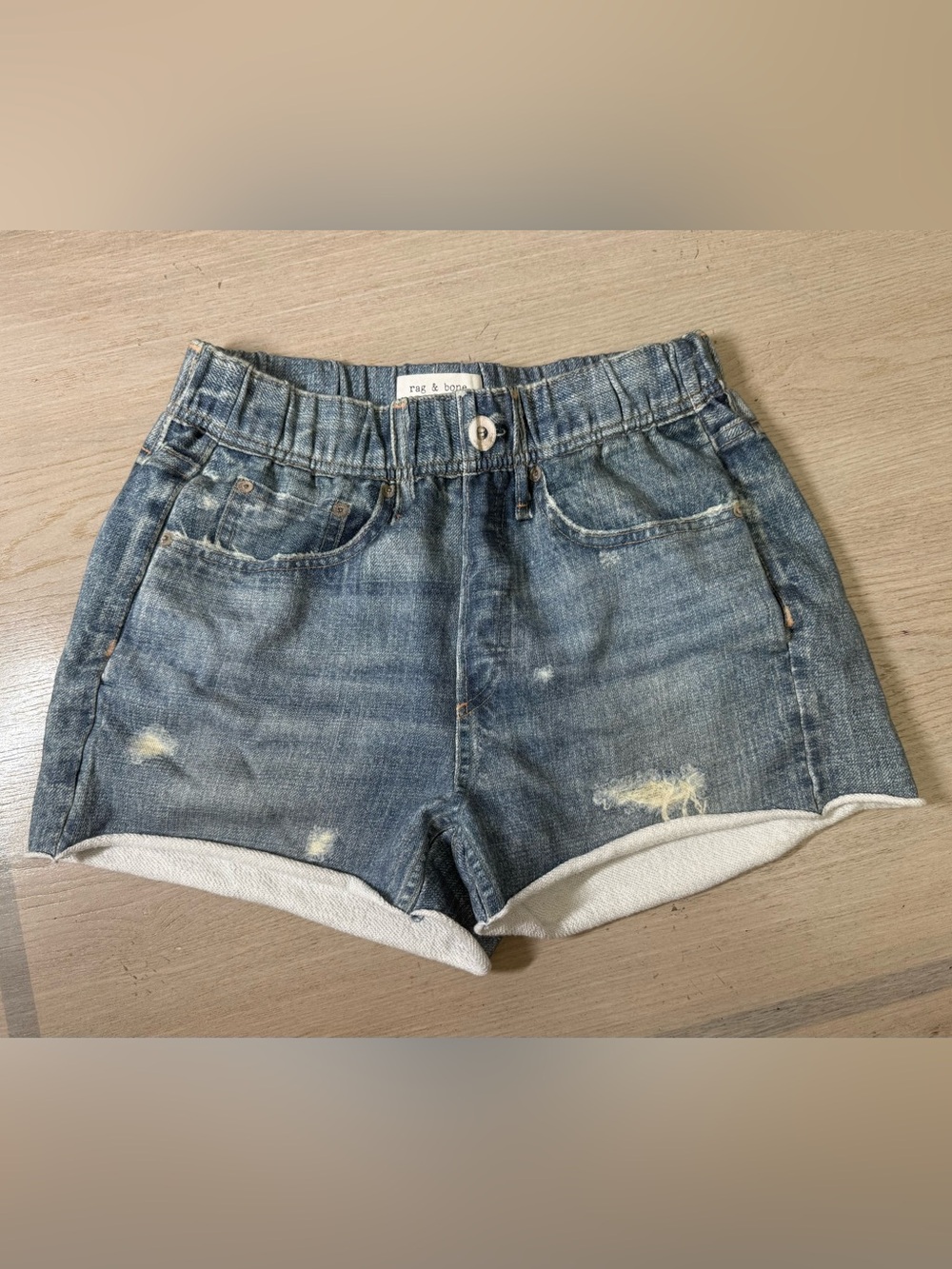 Rag & Bone Miramar Denim Print Walking Shorts XS NWOT Distressed Cotton Designer